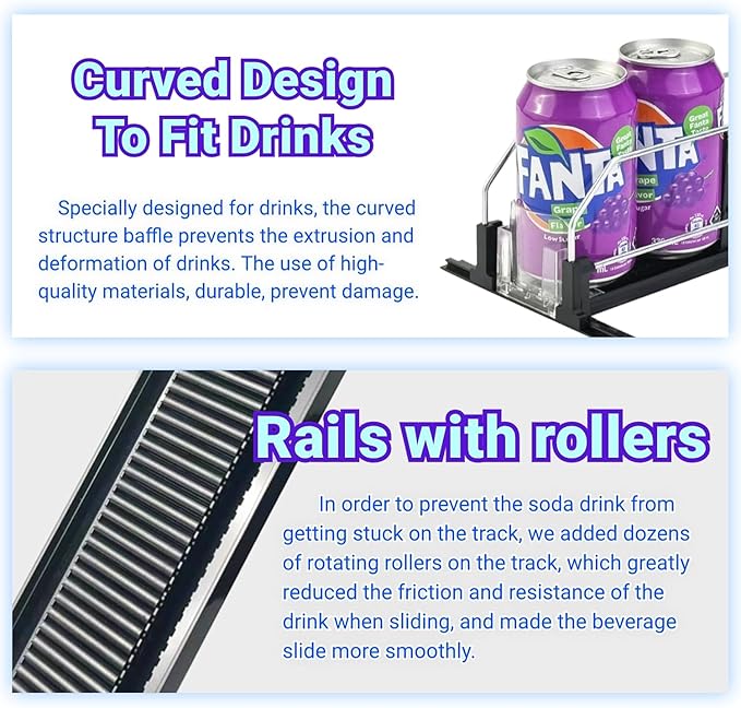 Drink Organizer for Fridge,12oz - Soda Can Dispenser for Refrigerator,Width Adjustable,Automatic Pusher Glide (White 10" D, 2ROWS)