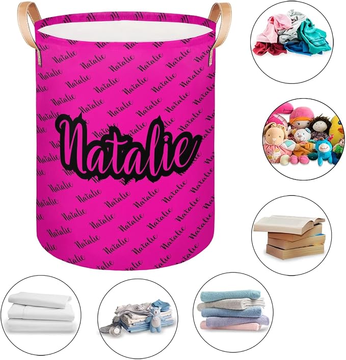 Personalized Laundry Basket, Custom Gift Laundry Hamper, Collapsible Nursery Waterproof Laundry Baskets, Dirty Clothes Toy Hamper with Handles Name Hot Pink Black