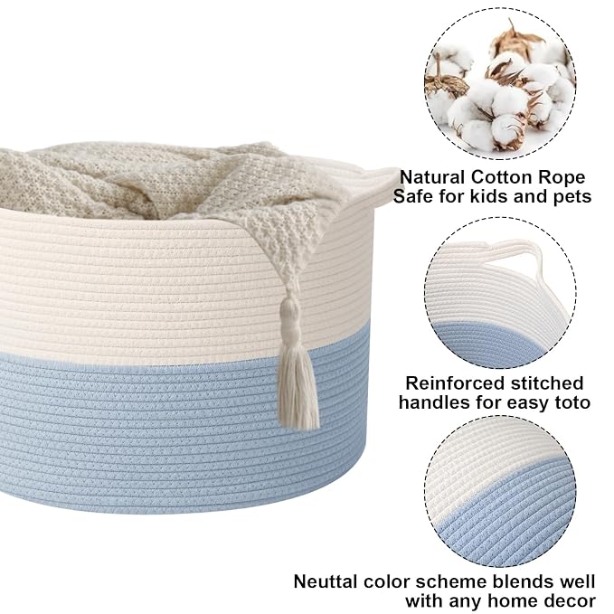 65L Extra Large Woven Cotton Rope Blanket Basket with Handles, Laundry Hamper Storage Bin for Pillows, Comforters,Clothes, Toys, Nursery, Bedroom and Living Room Organization,White&Blue