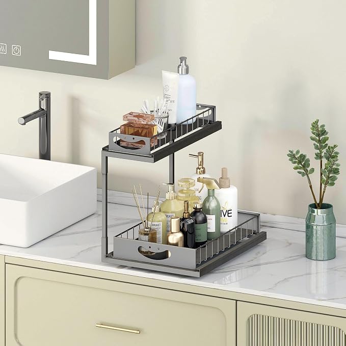 FILTA Under Sink Organizer, Metal Pull Out Cabinet Organizer, Under Sink Storage for Kitchen Bathroom Cabinet
