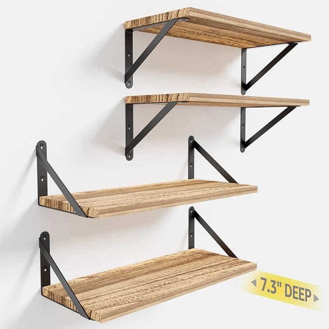 COCOYA Wall Shelves 7.3" Deep Solid Paulownia Wood (Light Brown, Set of 4) | 15mm Thick, Wider & Longer & Stronger, Easy to Install, Floating Bookshelves, For Bathroom Bedroom, Office Storage Organizer