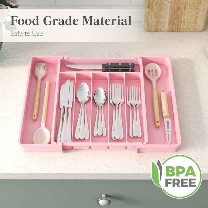 Lifewit Silverware Drawer Organizer, Expandable Utensil Tray for Kitchen, BPA Free Flatware and Cutlery Holder, Adjustable Plastic Storage for Spoons Forks Knives, 10.9"-17.5" x 13.7", Pink