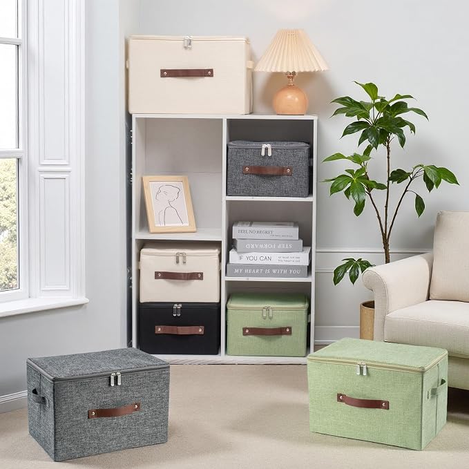 Storage Bins with Zipper Lid Foldable Fabric Lidded Storage Boxes Baskets Cubes Washable Collapsible PU Leather Handle Cotton Linen Fabric Shelf Closet Organizer Container(Black, Small Size)