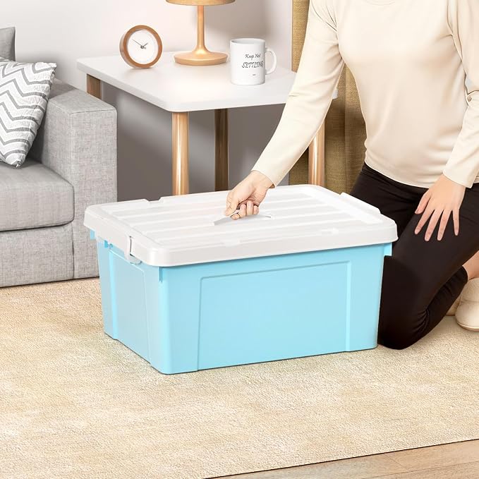 Cetomo Lidded Storage Bin with Handle, Tote Organizing Container with Durable Lid and Secure Latching Buckles, Stackable and Nestable, Plastic, 40 Quart-3 Pack, Blue