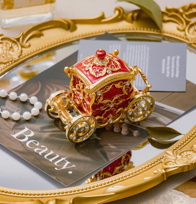 Retro Carriage Jewelry Trinket Box Enamel Ring Hold Boxes Hand-Painted Vintage Ornaments Craft Gift for Women Girls (Red)