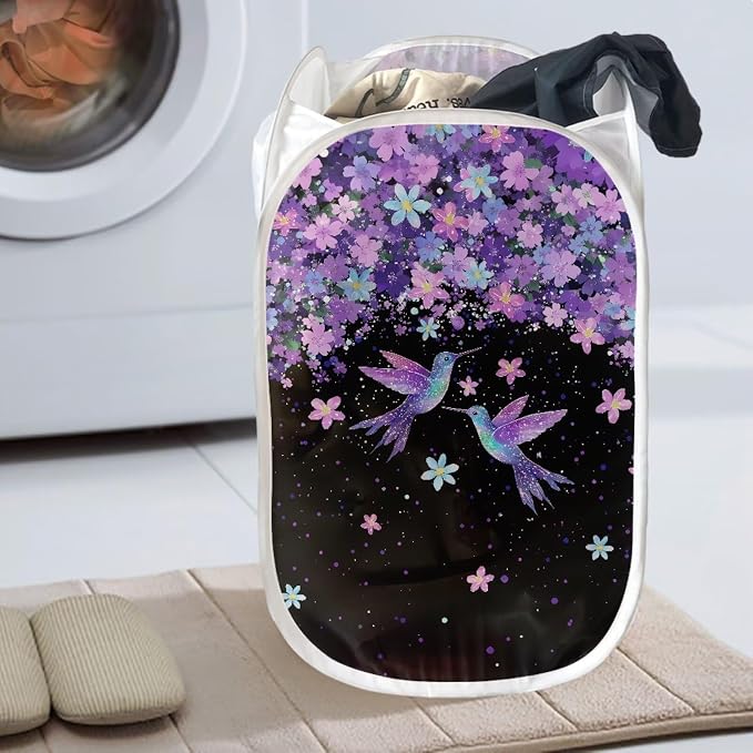 AFPANQZ Hummingbird Purple Flower Mesh Pop Up Laundry Hamper with Side Pocket Collapsible Design for Clothes Laundry Toys Nursery Save Place for Home Easy Folding for Travel