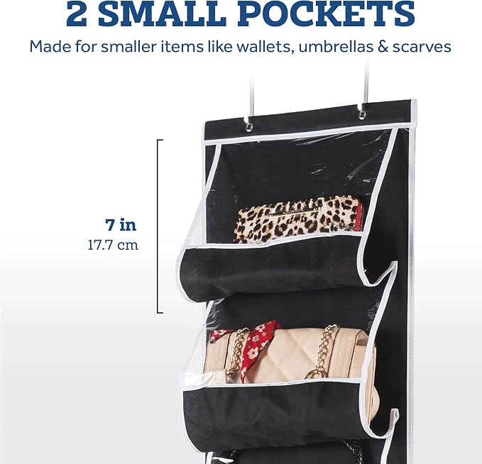 ZOBER Purse Organizer For Closet - Over The Door Purse Organizer W/ 6 Pockets for Easy Purse Storage - Durable Metal Hooks - Purse Rack W/Clear Pockets - Black (1 Pack)