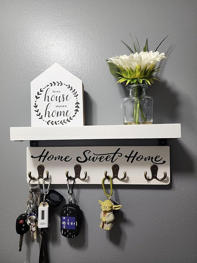 buways Wall-Mounted Key and Mail Holder, Wooden Key Rack with 4 Double Key Hooks, Rustic Home Decor for Entryway(White)