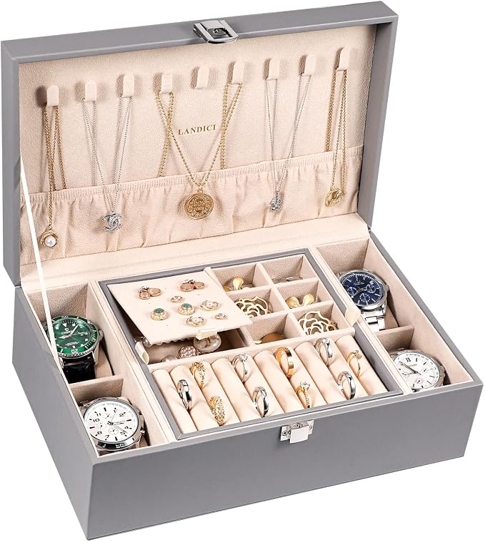 LANDICI Jewelry Box Organizer for Men Women, 2 Layer 4 Slot Watch Storage Case with Removable Tray, PU Leather Large Jewellery Holder Display for Watches Sunglasses Rings Earrings Necklace, Grey