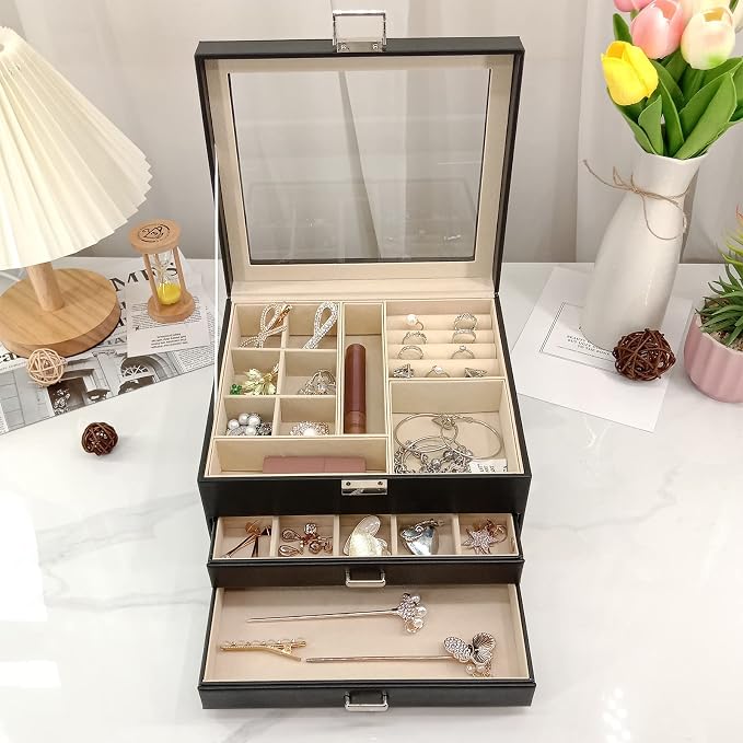 BOOVO Clear Lid Jewelry Box,3 Layers Jewelry Organizer Large Jewelry Storage Box with 2 Drawers,Jewelry Holder Organzier of Rings Earrings Necklace Bracelets for Women (Black, 3 Layer)