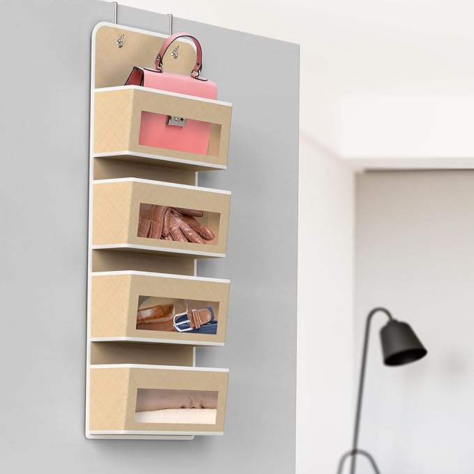 Simple Houseware 4 Clear Window Pocket Over Closet Door Storage Hanging Organizer for Bedroom, Bathroom, Pantry, Beige