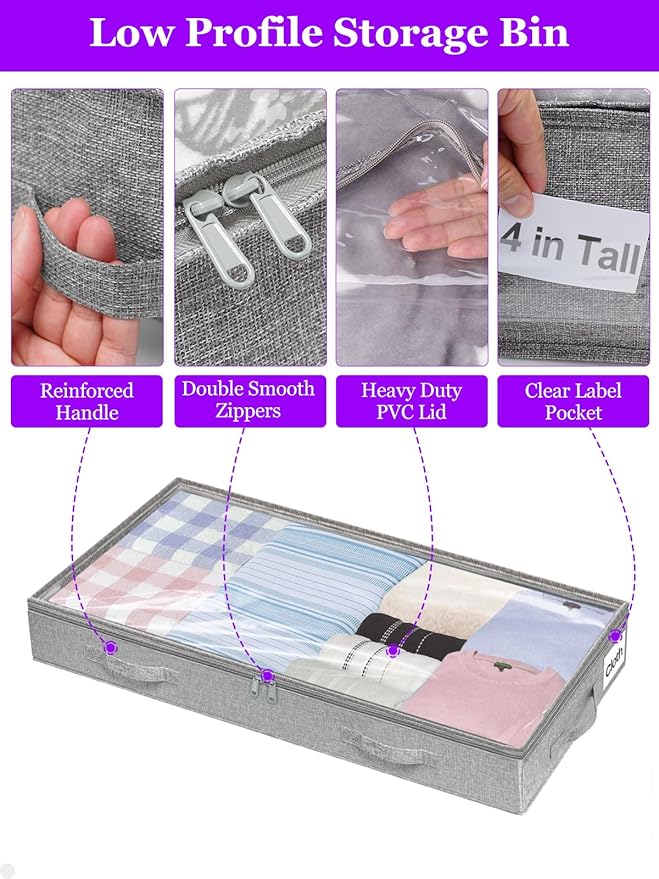 Below 4 Inches High Under Bed Storage, Low Profile Underbed Storage Containers, NO RIGID STRUCTURE, Foldable & Thin Storage Bags, Clothes Organizer w/Clear Lid & Zipper, 2-Pack, 20x40x3.7 Inches, Gray