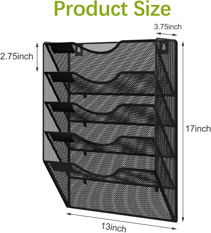 EasyPAG Wall File Organizer 5 Tier Hanging Paper Folder Holder, Zero Assembly Metal Mesh Wall Mounted Mail Organizer for Office Home Classroom Narrow Spaces, Black