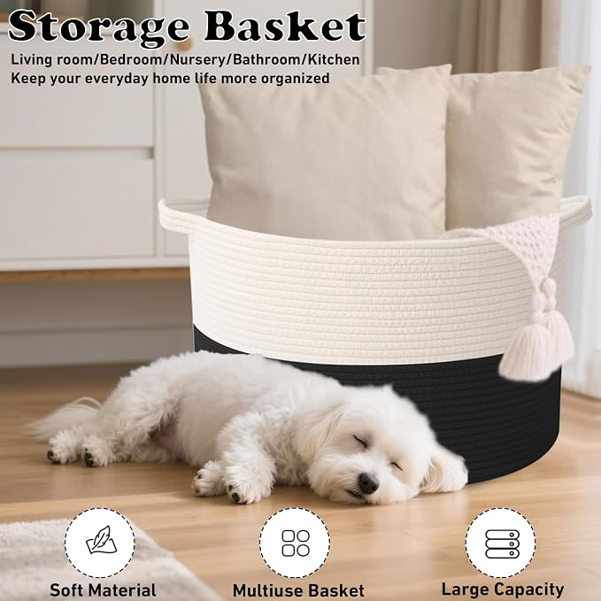 90L Extra Large Blanket Basket,Rope Woven Storage Basket with Handles, Laundry Hamper for Toys, Clothes, Pillows & Towels, Perfect for Living Room, Nursery & Bedroom,White&Black