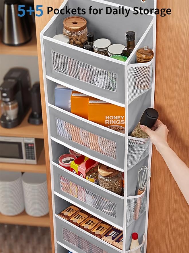 JARLINK 2 Pack Over the Door Organizer Storage, 5 Shelf Hanging Door Organizer with 5 Large Capacity Pockets, Anti Tilt 44 lb Load Behind Door Storage for Bedroom, Bathroom, Pantry, Nursery, (Grey)