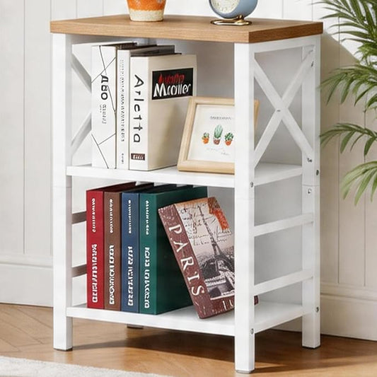 MNEETRUNG Book Shelf, Small 3-Tier Industrial Bookshelf with Strong Metal Frame & Backboard, 15.7" Short Bookcase for Small Spaces, Living Room, Bedroom and Home Office, White