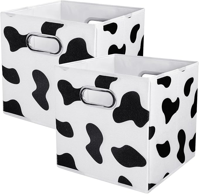 ANMINY Cow Print Cube Storage Bins with Handles, Washable, Collapsible | Cotton Linen Fabric, PP Plastic Board, Animal Print Decor, Storage Basket for Closet Shelf, 11 x 11 x 11 Inch, 2PCS