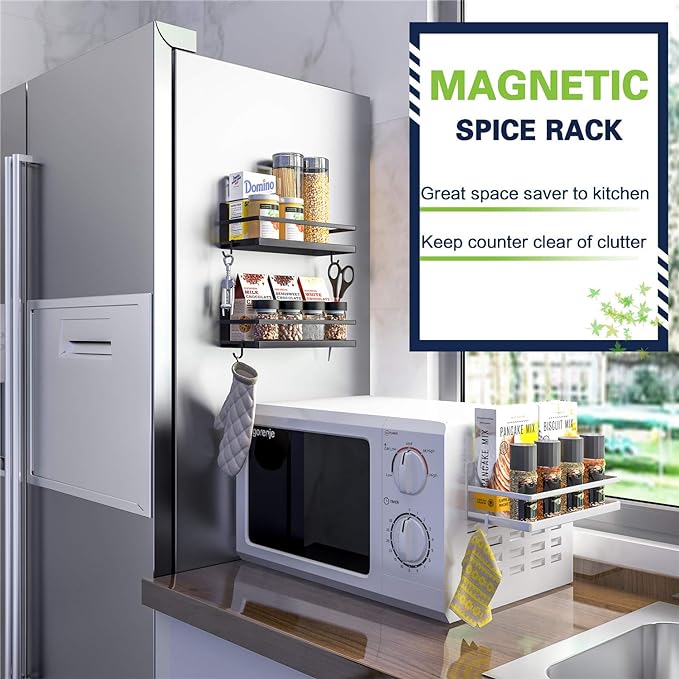 Magnetic Spice Rack, Thipoten Strong Magnetic Shelf with 2 Removable Hooks, Perfect Space Saver for Small Kitchen/ Apartment, Awesome Metal Cabinet for Holding Spices, Jars, Salt (White, 2Pack)