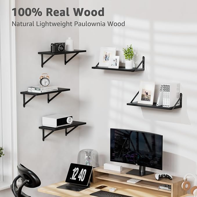 COCOYA Wall Shelves 7.3" Deep Solid Paulownia Wood (Black, Set of 2) | 15mm Thick, Wider & Longer & Stronger, Easy to Install, Floating Shelf for Room Wall, Bathroom Bedroom Office Organizer