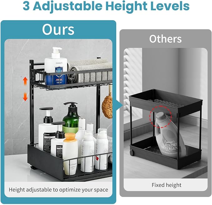 sagetta Black Under Sink Organizers with Sliding Rails Two Pack Under Kitchen Sink Organizers and Storage Pull out Kitchen Cabinet Organizer Height Adjustable Cabinet Storage Shelves Two Tiers
