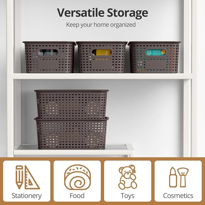 Plastic Storage Basket with Lid, Stackable Small Box Bins for Organizing and Containers for Shelves Drawers Desktop Closet Playroom Pantry Classroom Office Home, 8 Pack 10.2x7.2x4.1 Inch, Brown