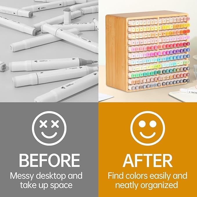 walowalo Markers Organizer Hold 176 Markers Birthday Gifts Bamboo Pen Holder Art Supply Pencil Alcohol Storage Organizer 22 Compartments All-in-One Marker Storage for Home Office Desk Classroom