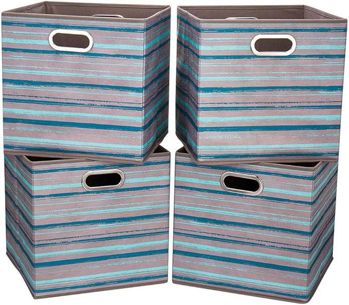 Cloth Storage Bins Set of 4 Thick Fabric Drawers Foldable Cubes Basket Organizer Container with Dual Metal Handles for Shelf Cabinet Bookcase Boxes Gray-Blue Stripes 13x13x13 inch
