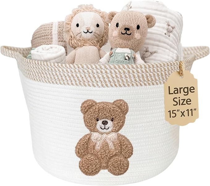 Teddy Bear Storage Basket for Nursery – Large 15"x11" Cotton Rope Bin with Soft Embroidered Bear Patch – Gender Neutral Toy Organizer, Baby Laundry Hamper, Blanket & Diaper Holder