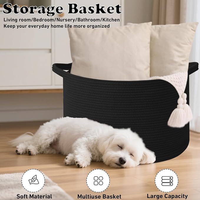 65L Large Blanket Basket,Woven Rope Laundry Basket Hamper with Handles,Decorative Nursery Basket Storage Bin for Toys, Pillows , Clothes Organizer, Living Room, Bedroom, Bathroom, Black