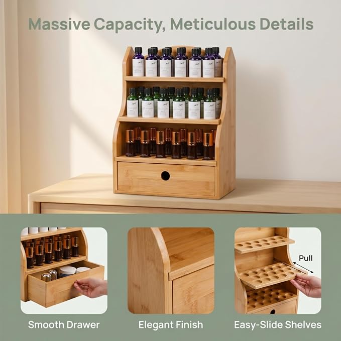 Dicunoy Essential Oils Storage Case, 46 Slots Nail Polish Shelf Display Rack with Drawer, Bamboo 3 Tiers Essential Oil Organizer Holds 10/15/20/30ml Bottles for Home, Cosmetic Shelf, Fairs, Shop