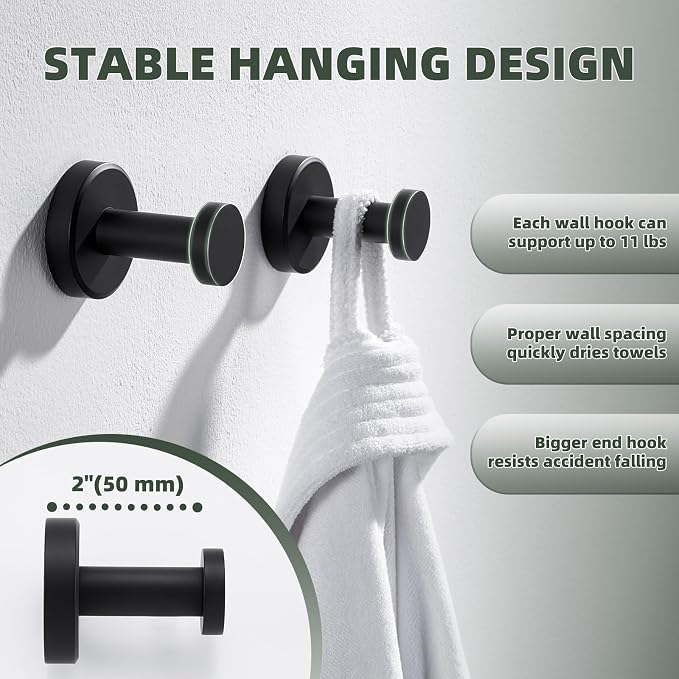 APLusee Matte Black Robe Towel Hook for Bathroom, 2 Pack Stainless Steel Coat Hooks, Heavy Duty Wall Hangers Wall Mounted