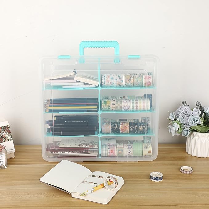 BTSKY Clear Plastic Dividing Storage Box with 8 Compartments Adjustable Storage Bin with Lid Portable Craft Storage Container Multipurpose Sewing Box Art Supply Organizer, 15.1x13.9x3.5 Inches
