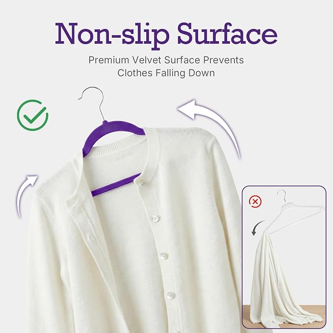 HOUSE DAY Noble-Purple Velvet Hangers 60 Pack, Non Slip Clothes Felt Hanger Heavy Duty for Coat, Premium Slim Space Saving Suit Hangers for Closet Organizer, 360° Rotating Silver Hook