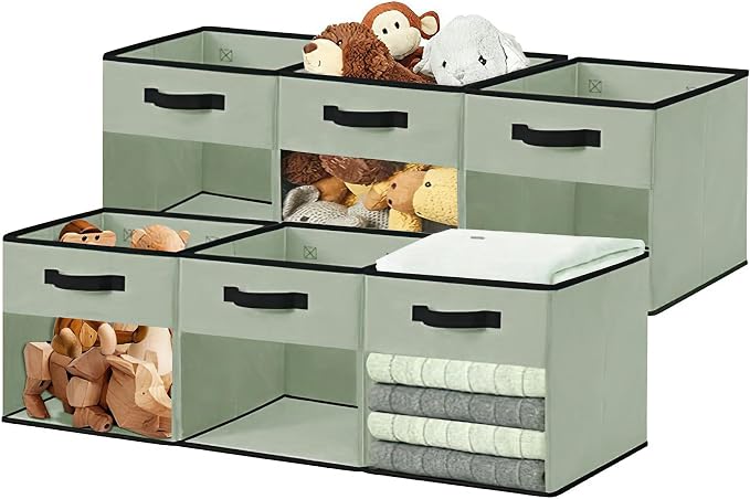 DECOMOMO Storage Bins, Cube Storage Bin with Window | 13" Cube, 6 Pack, Fabric Storage Cubes for Shelves (Green)