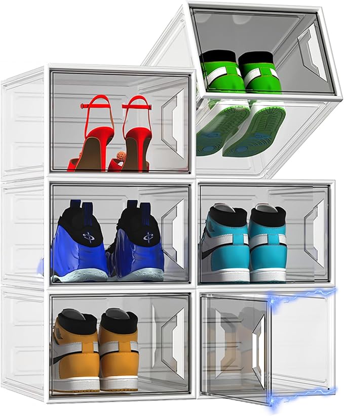 6 Pack Shoe Storage Box Organizer, Clear Thicken Stackable Plastic Shoe Boxes with Magnetic Door, Sturdy Shoe Containers for Sneakers Boots, Easy to Assemble, Fit up to US Size 12(13.2"×10.6"×7.5")