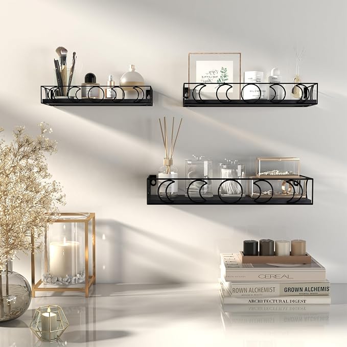 PHAREGE Moon Phase Floating Shelves Black Set of 3 | Small Decorative Wall Shelves for Book Plant Storage, Crystal Figurine Collectibles Display Shelf for Bedroom Kid Room