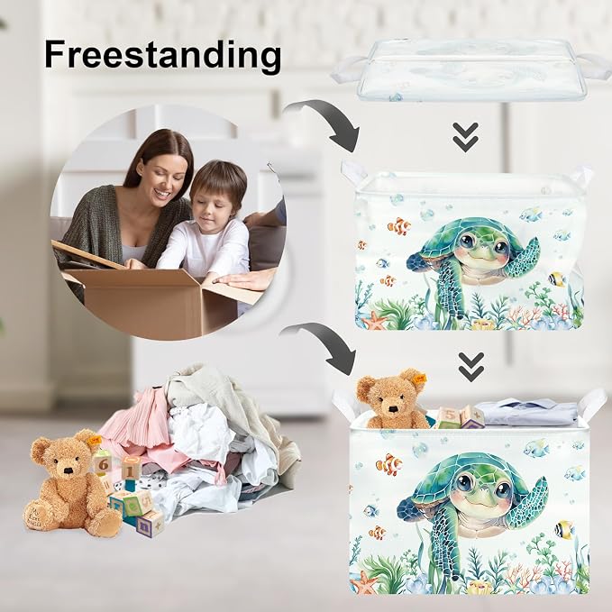 Clastyle Large Fish Sea Turtle Baby Basket Ocean Coral Seaweed Starfish Toy Book Shelf Basket Waterproof Pool Toy Beach Towel Storage Bin Collapsible Dirty Clothes Hamper, Blue, 40 * 30 * 30 cm