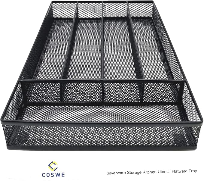 COSWE Silverware Tray for Drawer, Silverware Organizer, Metal Drawer Organizer Kitchen Utensils with Foam Feet Multi Compartments Cutlery Organizer in Drawer (BLACK)