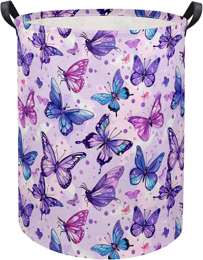 Baby Laundry Basket Baby Hamper for Nursery Girl Kids Butterfly Hamper Cute Kids Storage Bin Organizer Room Decor for Home(Purple Butterfly)