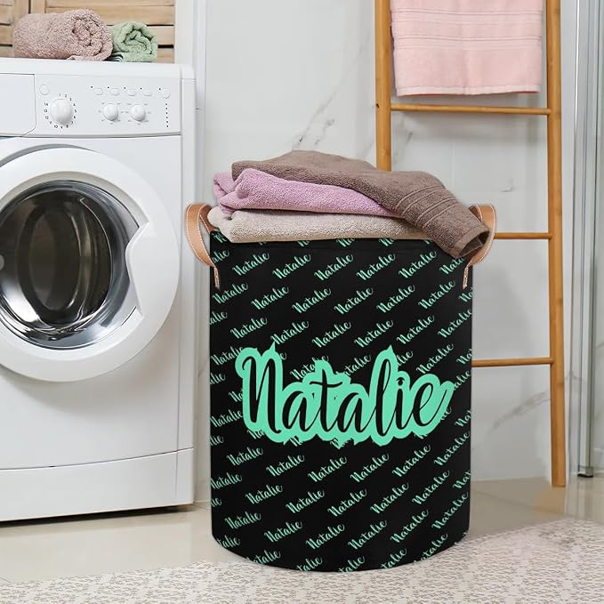 Personalized Laundry Basket, Custom Gift Laundry Hamper, Collapsible Nursery Waterproof Laundry Baskets, Dirty Clothes Toy Hamper with Handles Name Black Green