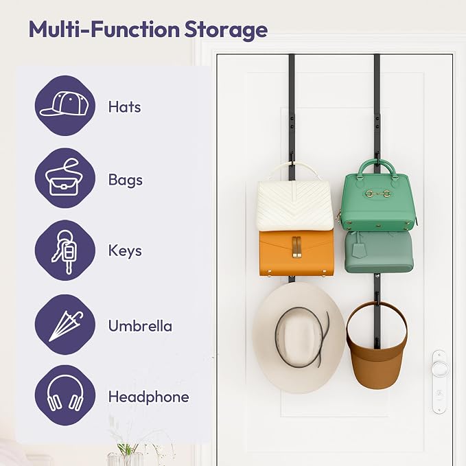 SWTYMIKI Over the Door Purse Organizer - 2 Packs Wall Mounted Purse Rack with 5 Hooks Design, Hanging Handbag Organizer Storage Holds up to 10 Bags, Bag Rack for Closet, Door (Black)