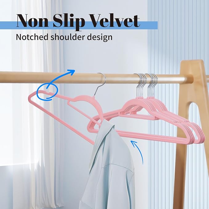 Smartor Pink Velvet Hangers 20 Pack, Space Saving Clothes Hanger with Tie Bar, Non-Slip Felt Hangers with Shoulder Notches, Heavy Duty Suit Hanger for Coat, Shirt, Pants, Dress | Non-slip Felt, Shoulder Notches and 360° Hooks Keep Suits, Dresses and Pa...