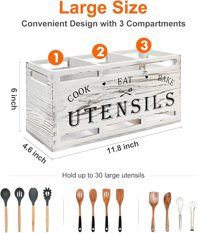 White Cooking Kitchen Utensils Holder Large Wooden Spoon Spatula Holders | Big Wood Utensil Organizer Farmhouse Wooden Utensil Caddy Rustic Spoon Holder Countertop Kitchen Tools Decor Utensil Crocks