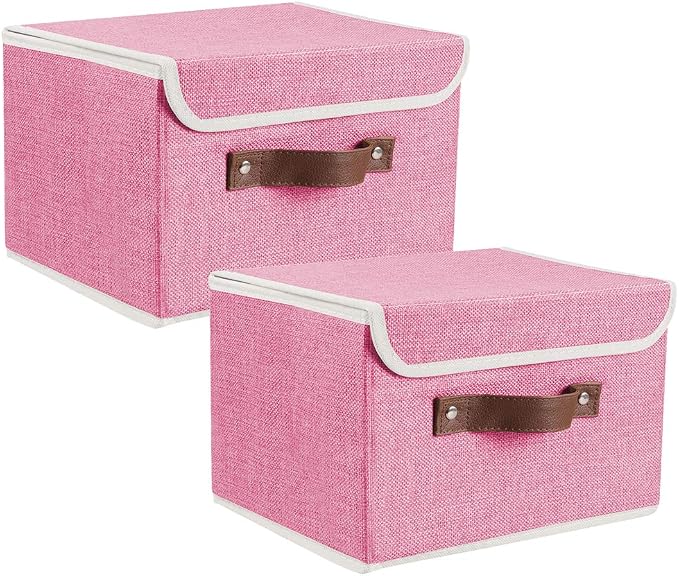 2Pack Storage Bins Boxes with Lids 15"x10"x10" Decorative Storage Baskets | Cotton Linen Fabric, Collapsible, Faux Leather Handles, Storage Cubes, Closet Shelf Clothes Organizer Container, Pink