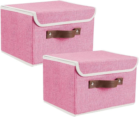 2Pack Storage Bins Boxes with Lids 15"x10"x10" Decorative Storage Baskets | Cotton Linen Fabric, Collapsible, Faux Leather Handles, Storage Cubes, Closet Shelf Clothes Organizer Container, Pink