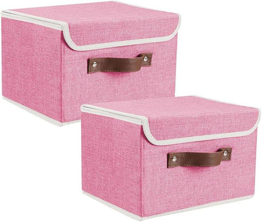 2Pack Storage Bins Boxes with Lids 10" x 8" x 7" Decorative Storage Baskets | Cotton Linen Fabric, Collapsible, Faux Leather Handles, Storage Cubes, Closet Shelf Clothes Organizer Container, Pink