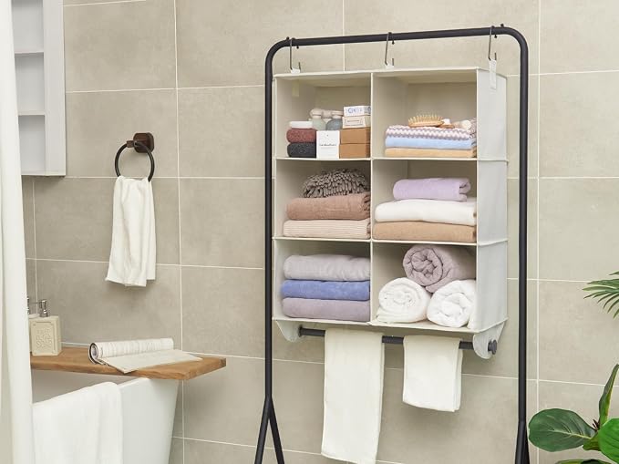 StorageWorks Hanging Closet Organizer with Metal Rod, 6-Section Closet Organizers and Storage, Collapsible Hanging Shelves for Baby Clothes, Shoes, Sweater Storage, Ivory and White