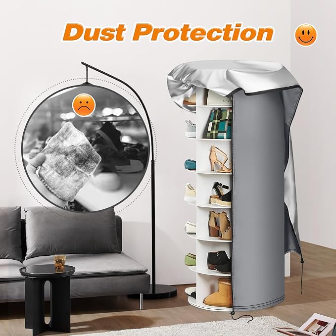 420D Gray Rotating Shoe Rack Tower Cover,25"Dia x 63"H,Cover Only | Spinning Storage Tower Cover – Waterproof, Windproof, Adjustable Drawstring & Zippers,Pet-resistant