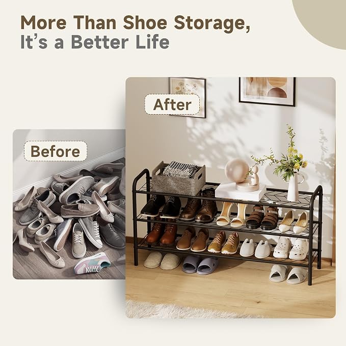 Shoe Rack,Long Shoe Organizer for Closet,Wide Shoe Storage for Entryway, 3 Tier Sturdy Metal Free Standing Shoe Shelf