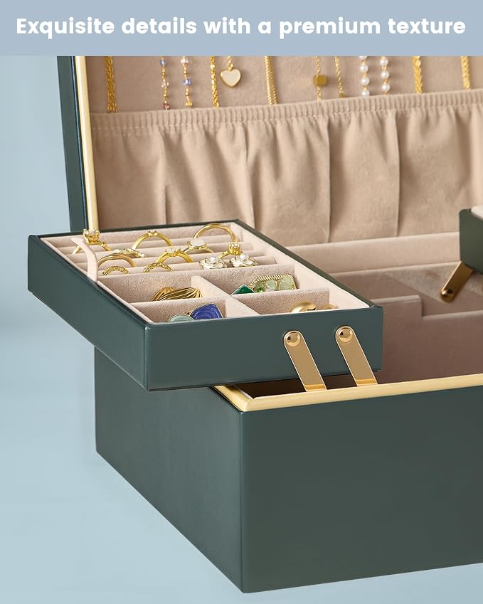 Lolalet Jewelry Box Organizer for Women Girls, 2 Layer Jewelry Organizers and Storage for Necklace Earrings Rings Bracelets, Large Jewellery Holder Case Birthday Gifts -DarkEmerald